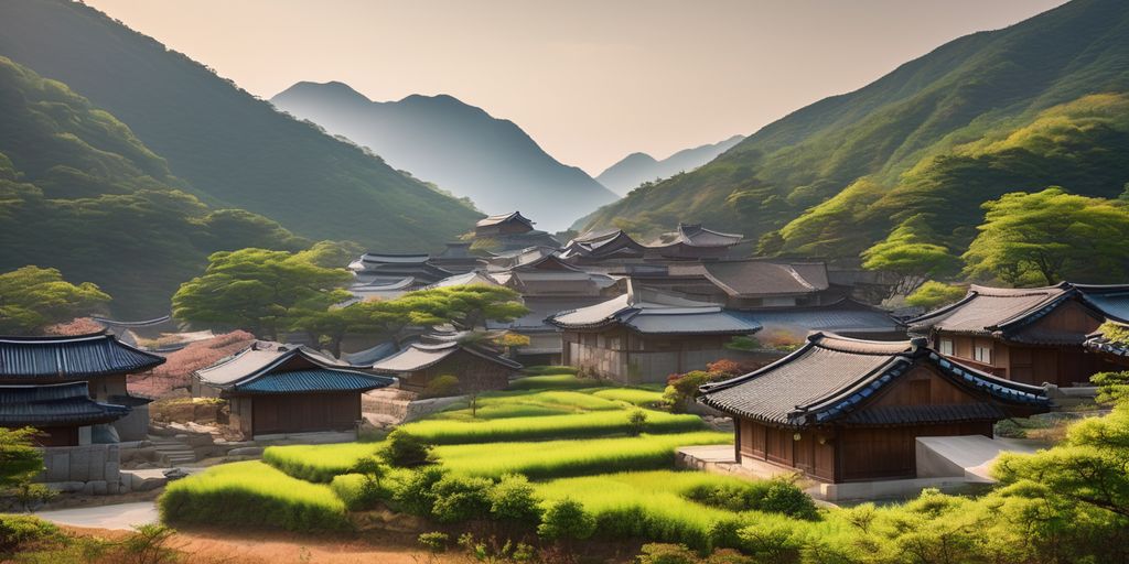 traditional Korean village with mountains in the background
